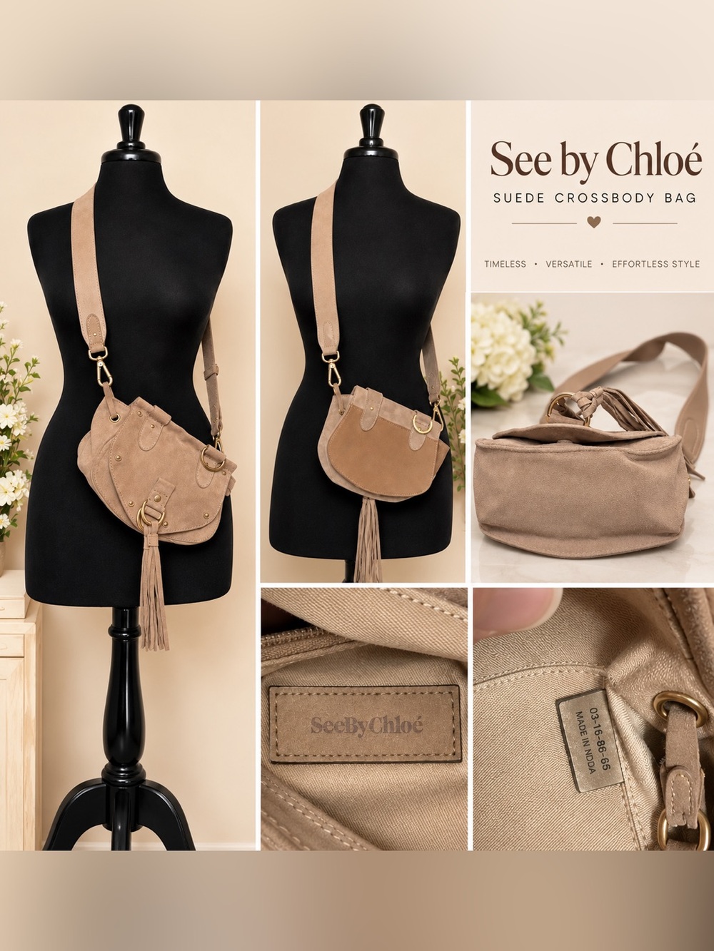 See By Chloé Taupe Suede Tassel Crossbody Bag COA